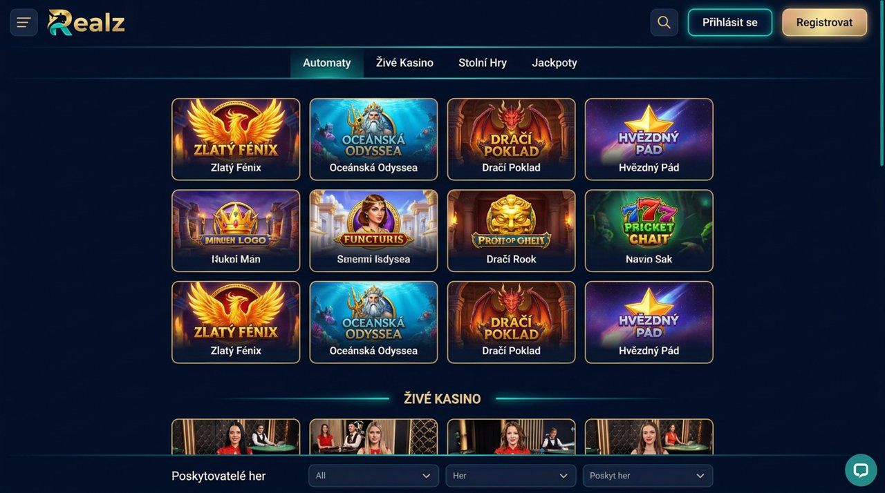 Úvodní stránka online casina Realz s nabídkou automatů, živého kasina a jackpotů