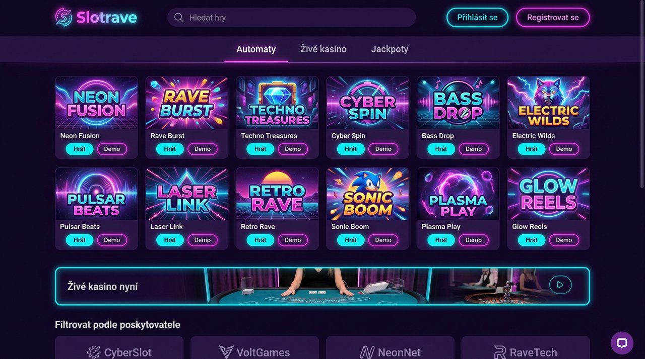 Úvodní stránka online casina Slotrave s nabídkou automatů a živého kasina