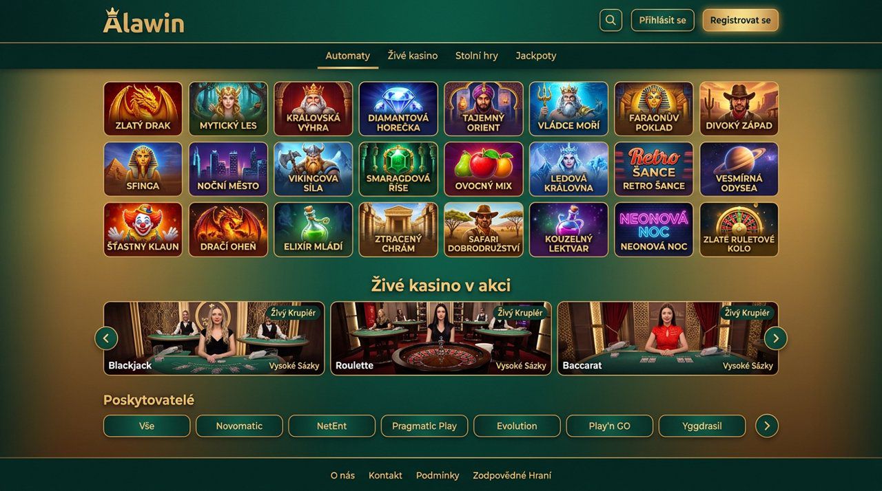 Úvodní stránka online casina Alawin s kategoriemi automatů, živého kasina, stolních her a jackpotů