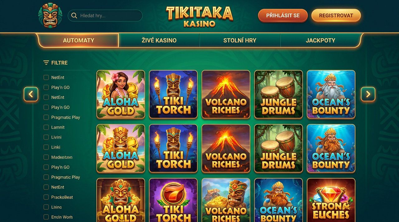 Úvodní stránka online casina Tikitaka s nabídkou automatů, živého kasina a jackpotů