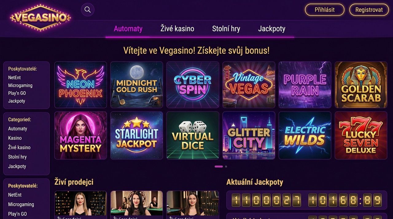 Úvodní stránka online casina Vegasino s nabídkou automatů, živého kasina a jackpotů