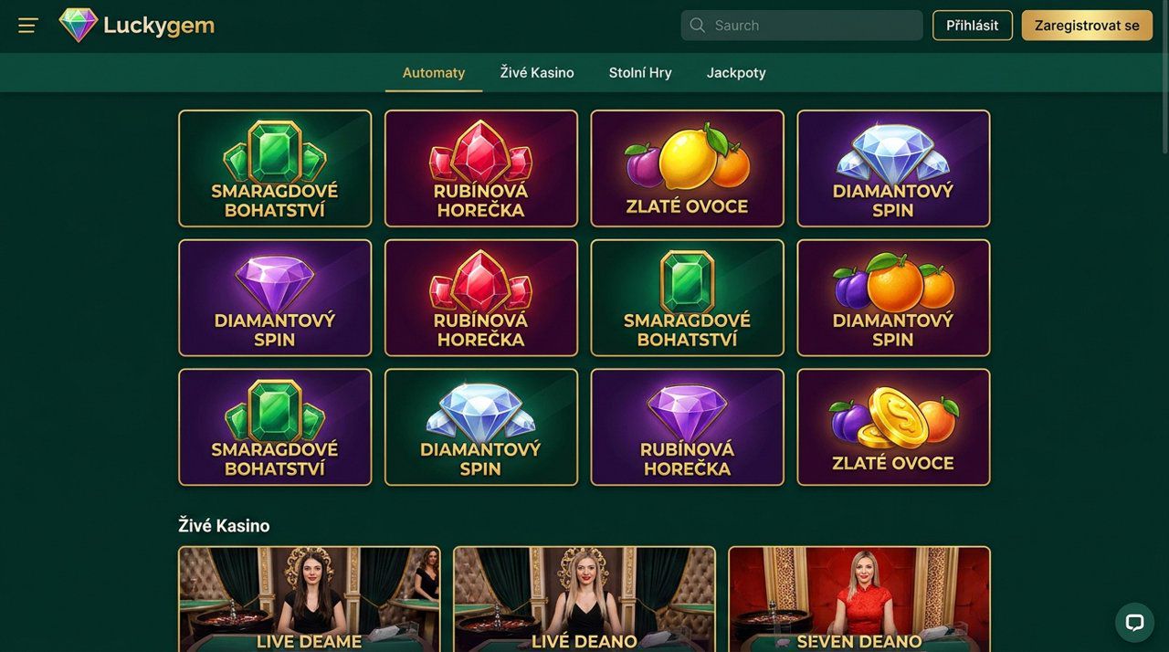 Úvodní stránka online casina Luckygem s nabídkou automatů a živého kasina