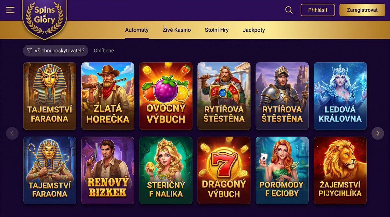 Úvodní stránka online casina Spins of Glory s nabídkou automatů a živého casina
